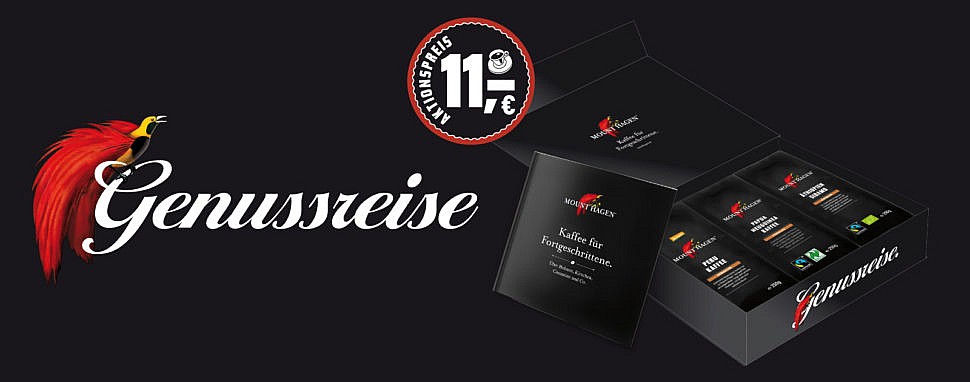Sichere dir jetzt die Geschenkbox mit drei Kaffee-Spezialitäten von Mount Hagen! Kaffee Mount Hagen jetzt Geschenkset zum Aktionspreis kaufen